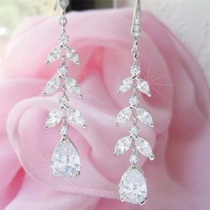 Elegant Linear Leaf Diamond CZ Dangle Earrings Long Silver Nadri Style